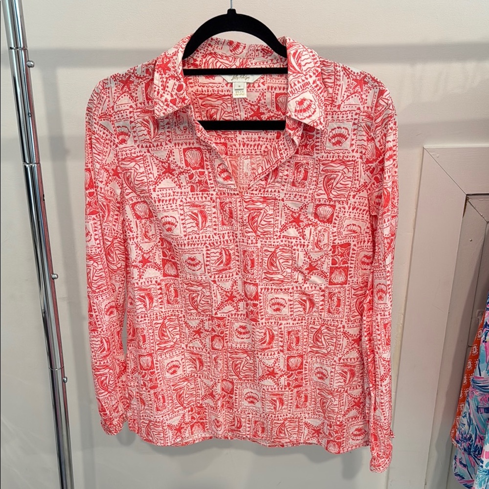 Lilly Pulitzer Coral and White Button Down Shirt